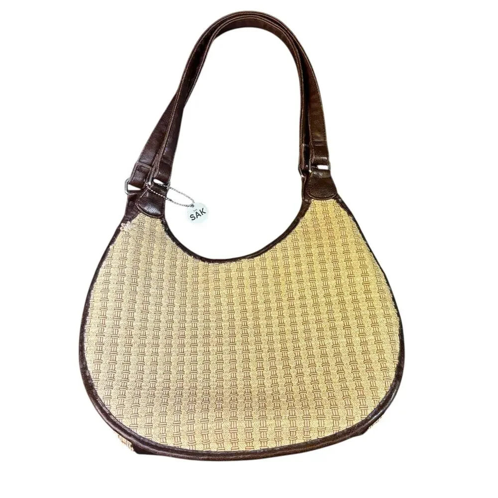 The Sak Tan Woven Crossbody Bag with Dark Brown Trim - Picture 2 of 12